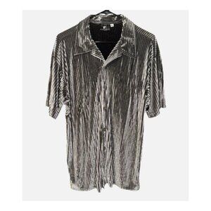 Positano Velour Short Sleeve Button Up Club Shirt Mens Size L Silver Ribbed VTG